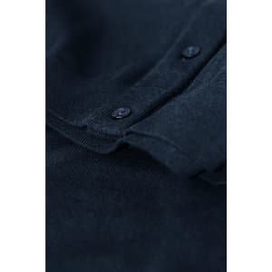 A navy blue cardigan featuring a button-up front and textured knit fabric. It has a subtle branding logo visible.