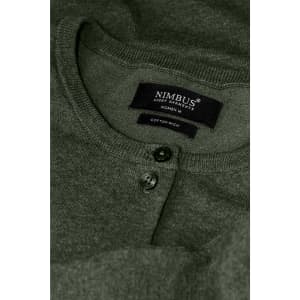 A green cardigan with a buttoned neckline and a stitched label featuring a logo.