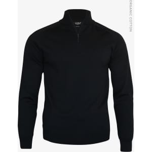 A black 1/4-zip men's knitwear featuring long sleeves and a collar. The product has a branding logo.