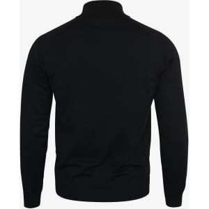 A black men's knitwear jumper featuring a 1/4-zip design and long sleeves.1