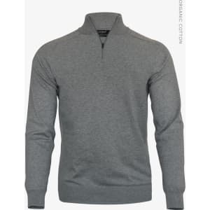 A grey 1/4-zip men's knitwear with long sleeves and a collar, featuring a logo on the label.