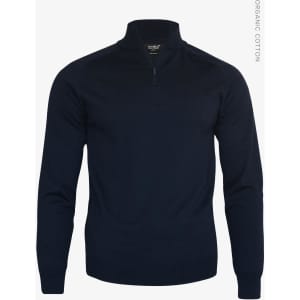 A navy 1/4-zip men's knitwear top made from organic cotton, featuring a collar and long sleeves. It has a logo.