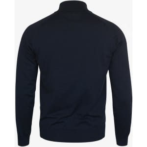A navy blue 1/4-zip men's knitwear featuring a fitted silhouette and long sleeves, with a logo on it.