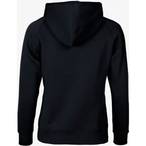A black women's hoodie featuring a spacious hood and long sleeves, with a plain design on the back.
