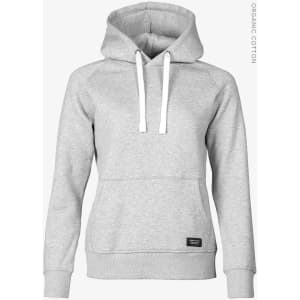 A grey hoodie with a hood and white drawstrings, featuring a front pocket and a logo. Made from organic cotton.