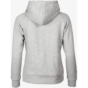 A grey women's hoodie with a back view, featuring a hood and a simple design. Includes a logo.
