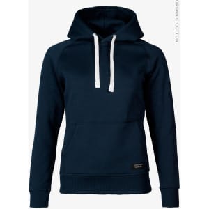 A navy blue hoodie with a front pocket and white drawstrings, featuring a logo on the lower side.