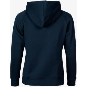 A navy blue hoodie with a hood and raglan sleeves, featuring a logo on the back.