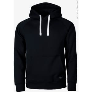 A black hoodie featuring a front pouch pocket and white drawstrings. The hoodie has a logo on the hem.