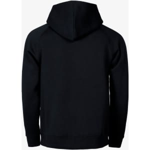 A black hoodie featuring a hood and long sleeves, showcasing a simple design on the back.