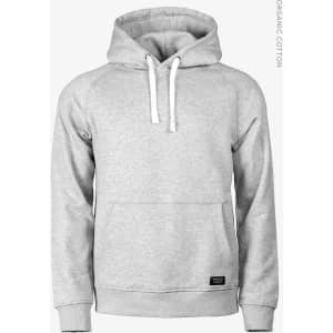 A grey hoodie with a front pocket and a drawstring hood, featuring a logo. Made from organic cotton.