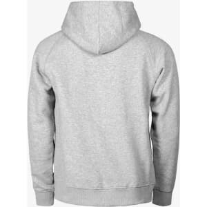 A grey hoodie with a kangaroo pocket and hood, featuring a seamless back design. Includes a logo on the front.