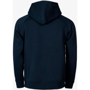 A dark navy hoodie with a kangaroo pocket and a hood, featuring raglan sleeves and a simple design.