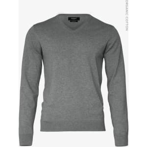 A grey V-neck men's jumper made from organic cotton, featuring long sleeves and a subtle logo.