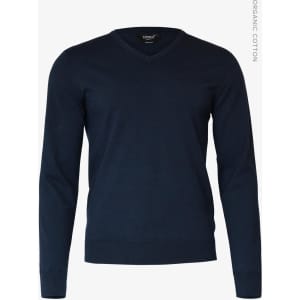 A navy V-neck knitted jumper for men, featuring long sleeves and a fitted design. Includes a logo.