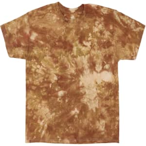 A tie-dye t-shirt featuring shades of brown and earthy tones, with a relaxed fit and short sleeves.