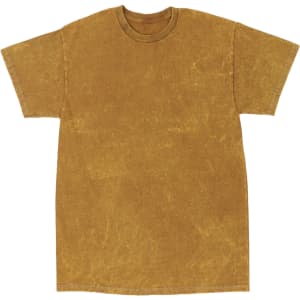 A mineral wash tie dye t-shirt in a golden yellow colour, featuring a crew neck and short sleeves.