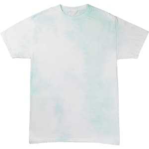 A light blue and white tie-dye T-shirt with a relaxed fit and short sleeves. Features a logo on the label.