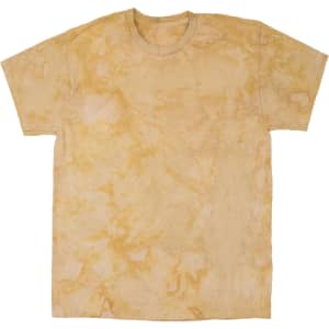 A yellow and cream tie-dye T-shirt featuring a relaxed fit design. The shirt has a logo on it.