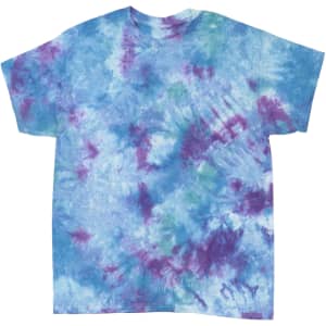 A tie-dye t-shirt featuring shades of blue, purple, and hints of green, with a relaxed fit and a logo on it.