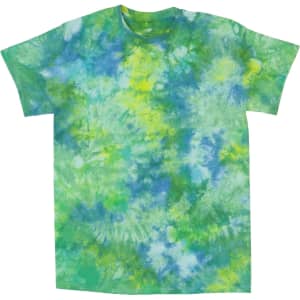 A tie dye t-shirt featuring vibrant shades of green and blue with a swirling pattern. It has a logo on the front.