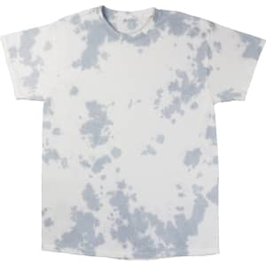 A tie-dye t-shirt featuring a white base with light blue splashes throughout. It has a round neckline and short sleeves.