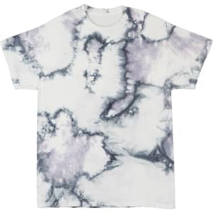 A tie-dye T-shirt in shades of white and soft purple, featuring a relaxed fit with a subtle pattern and a logo.