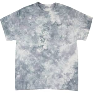 A tie-dye t-shirt in shades of grey and white with a soft, swirling pattern. It features a logo on the front.
