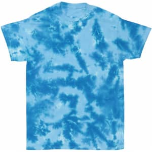 A crinkle tie dye t-shirt in various shades of blue with a vibrant, textured pattern.