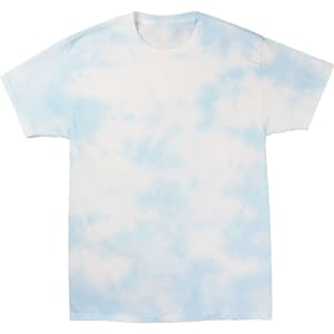 A cloud tie dye t-shirt featuring light blue and white patterns, with a standard crew neck design.