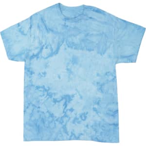 A light blue tie-dye t-shirt with a cloud-like pattern and a crew neck design. It features a logo.