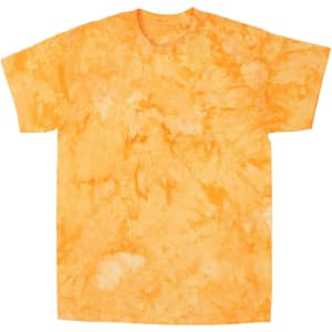 A tie-dye T-shirt in vibrant shades of orange, featuring a swirled pattern. The shirt has a logo printed on it.