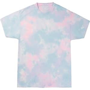 A tie-dye T-shirt featuring blue and pink cloud-like patterns with a relaxed fit. It includes a logo.