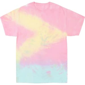A Cloud Tie Dye T-Shirt featuring pastel pink, yellow, and light blue hues with a relaxed fit.