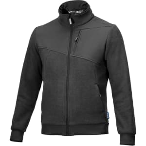 A full zip fleece jacket in dark grey with a high collar and a logo on the chest.