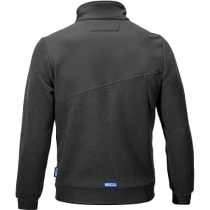 A dark grey fleece jacket with a full zip and a stylish design; features a logo on the lower left side.