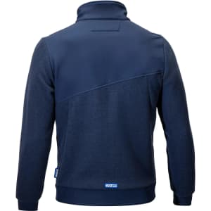 A navy fleece jacket featuring a full zip and a colour-blocked design, with a logo on the back.