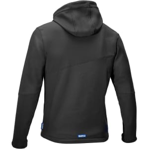 A black softshell jacket with a hood and a logo on the bottom. The image shows the back view.