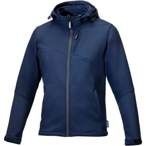 A navy softshell jacket with a hood, featuring a zip front and multiple pockets. Includes branding.