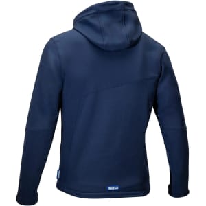 A navy softshell jacket with a hood, featuring a logo and a smooth, textured fabric.