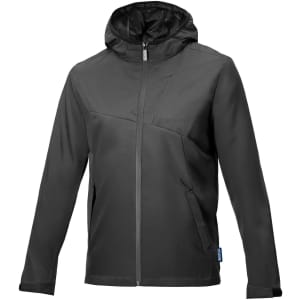 A black windbreaker jacket with a hood, featuring a zip front and pockets, also displaying a logo.