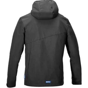 A black windbreaker jacket with a hood, featuring a simple design and a logo on the bottom left.