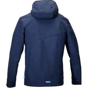 A navy windbreaker jacket with a hood and a logo on the lower side. The back features a minimalist design.