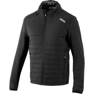 A black jacket with a zippered front, featuring a high collar and logo on the shoulder.