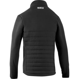 A black jacket with a quilted design and a collar, featuring a logo on the back.