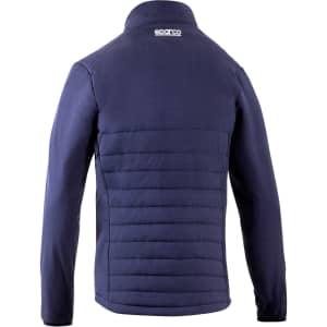 A navy jacket with a quilted design and a collar, featuring a branding logo on the upper back.