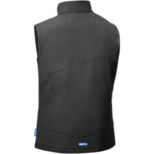A black padded vest with a high collar and a logo on the bottom right.