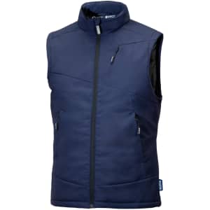 A navy padded vest with a high collar, featuring a front zipper and multiple pockets. It has a brand logo.