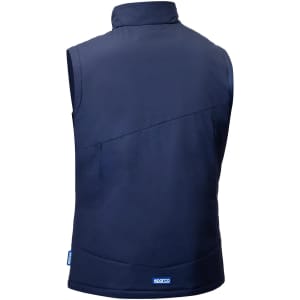A navy padded vest with a high collar and no sleeves, featuring a logo at the bottom.