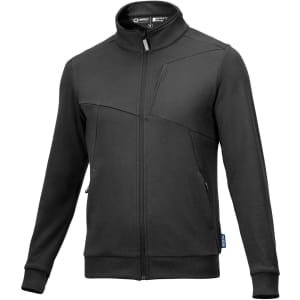 A full zip jacket in black featuring a high collar, zippered pockets, and a logo on the side.